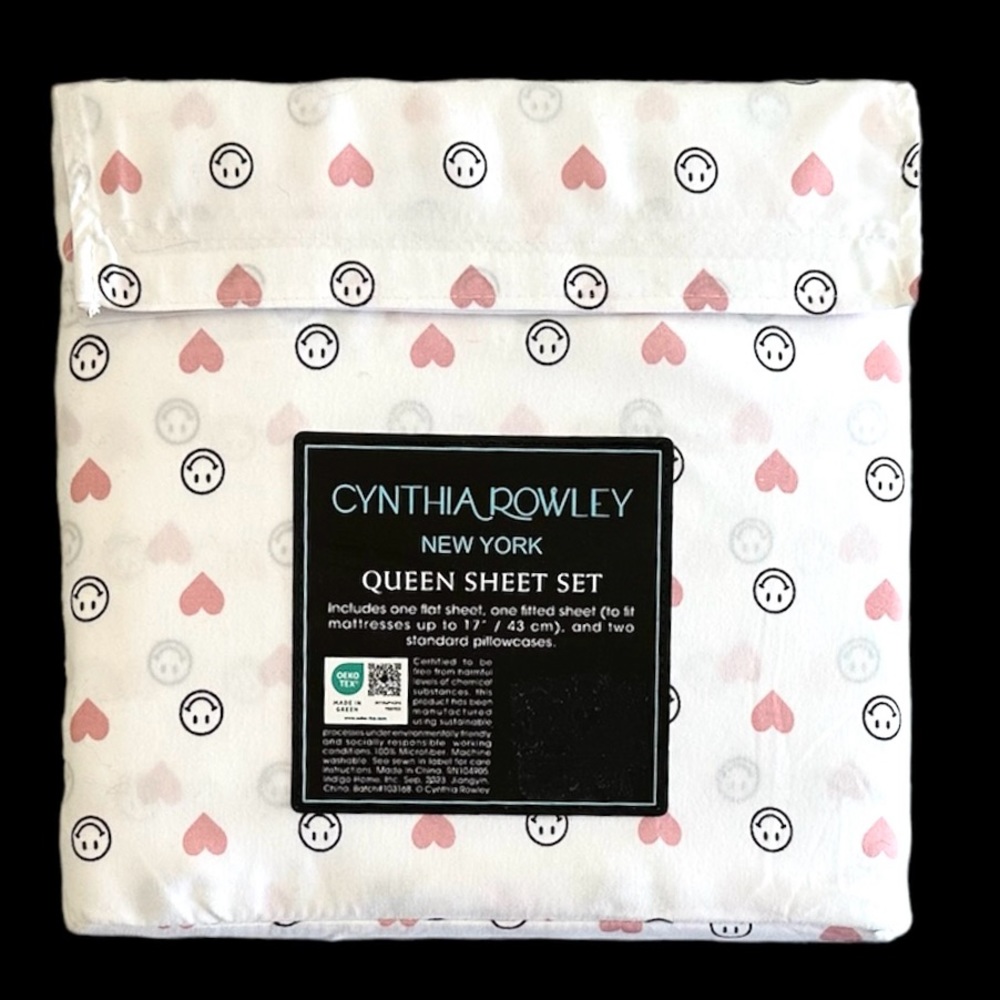 Cynthia Rowley Queen Sheets Set Pink Hearts & Smiley Faces NEW Sustainably Made - Picture 3 of 5